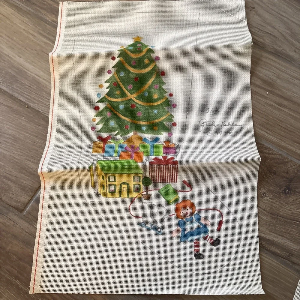 Vintage needlepoint canvas handpainted Christmas Tree & Presents Stocking New